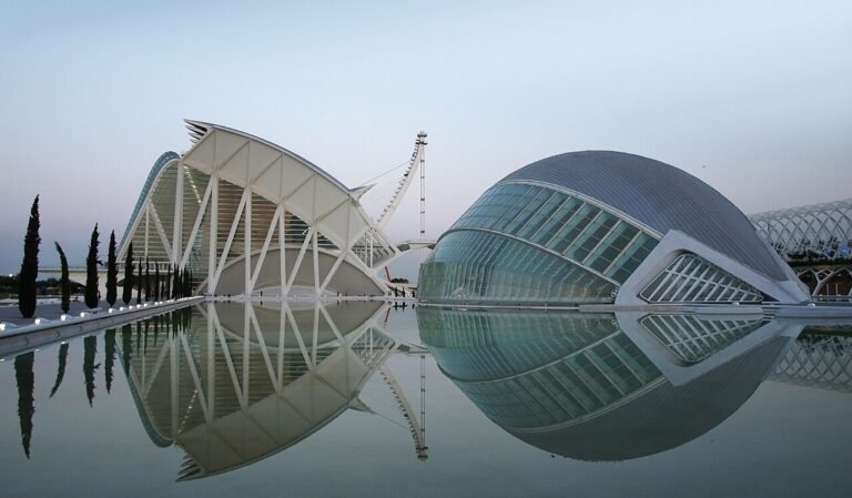 City of Arts and Sciences in Valencia at dusk, reflected in the pools